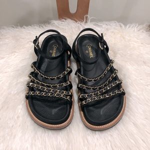 CHANEL Black leather and Satin with Gold Chain Sandals